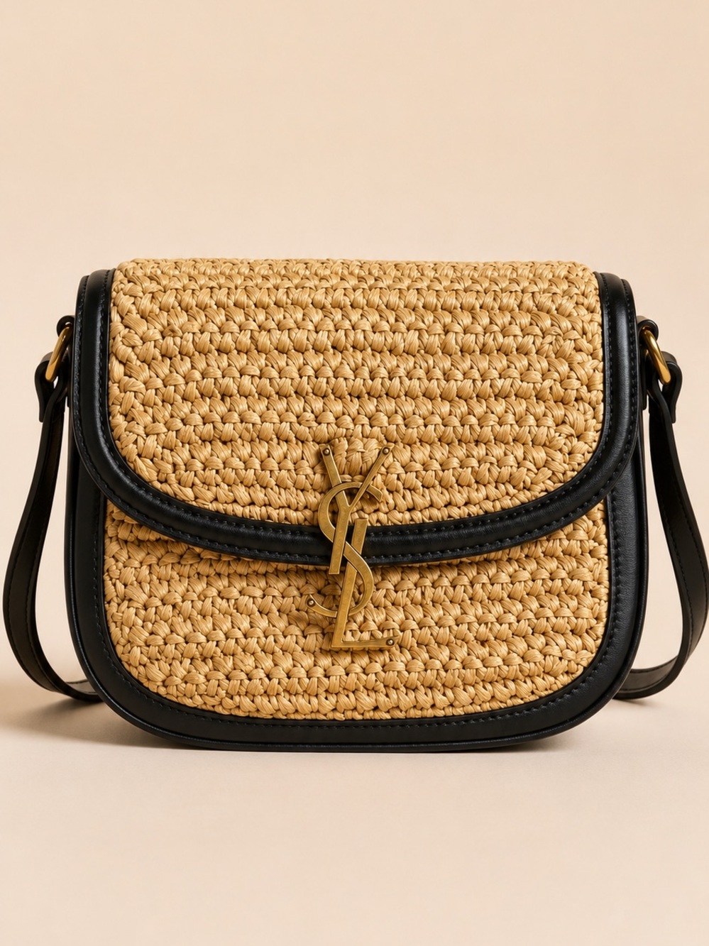 Saint Laurent Natural Raffia Crossbody with Black Trim and Gold YSL